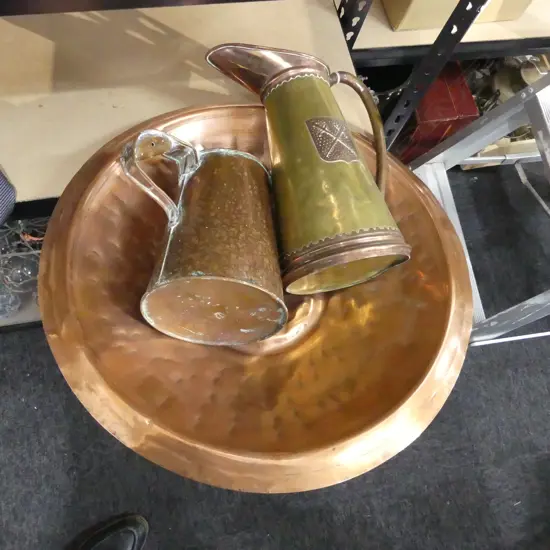 TWO COPPER JUGS &TRAY/BOWL