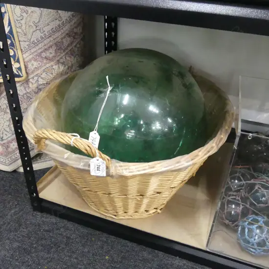LARGE GLASS VINTAGE FISHING FLOAT, NO NETTING DIA APPROX 350MM + OLD CANE WASHING BASKET, 1 HANDLE A/F