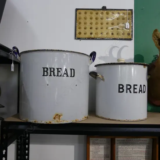 2 VINTAGE ENAMEL BREAD BINS (1 LIDDED) H.300mm