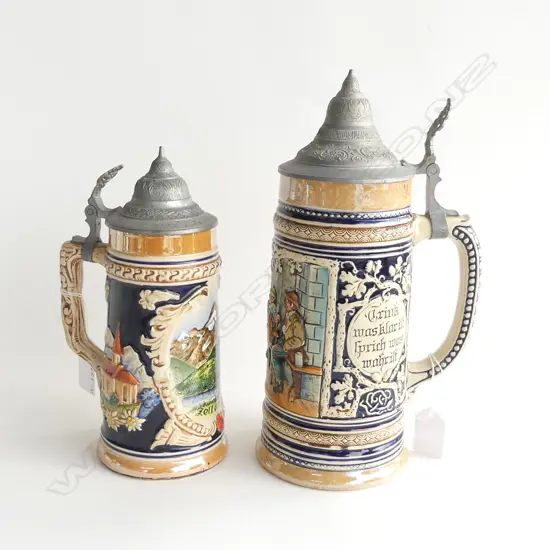 2 VINTAGE GERMAN TANKARDS WITH PEWTER LIDS H.280 & 225MM 