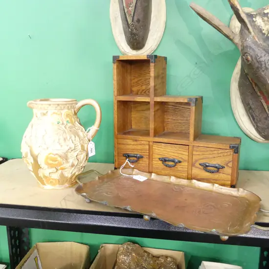 3 ASST. PCES; 'INDIAN TREE' JUG H.210mm, COPPER TRAY, ORIENTAL WOODEN STEEPED SHELF H.310mm