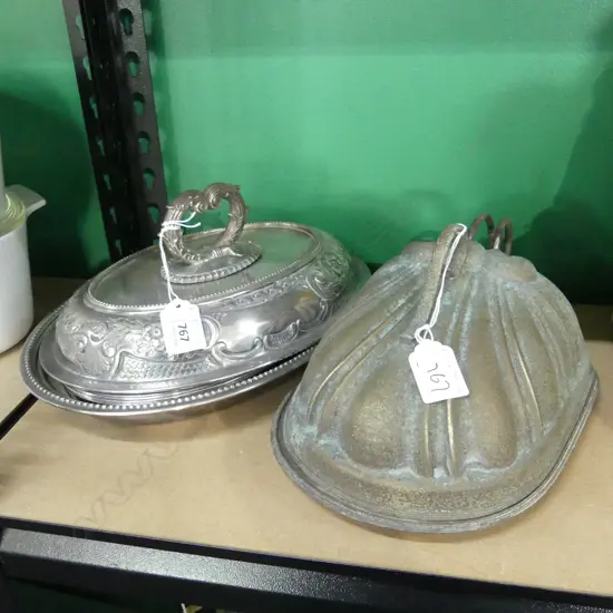 SILVER PLATE SERVING DISH - 2 BASES & 1 LID + OLD CHEESE DISH; GLASS INSERT BASE & METAL LID WITH GREEN PATINA