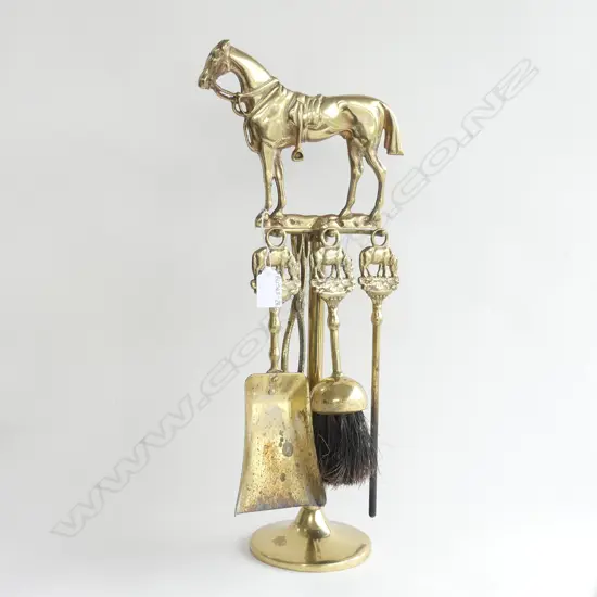 VINTAGE BRASS HORSE FIREPLACE SET - 4 PC SET 