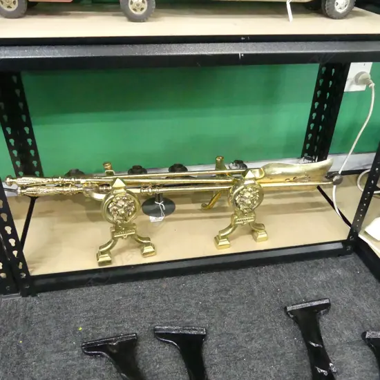 SET OF 3 GILDED METAL FIRE TOOLS + PR BRASS FIRE DOGS + CANDLE HOLDER W.920mm