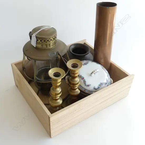 BRASS LAMP + VASE + CANDLESTICKS + COPPER VASE + EDW SOAP DISH