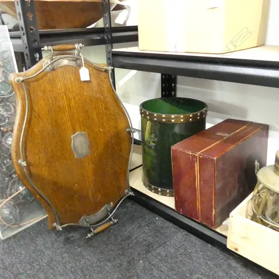 3 ITEMS; VINTAGE OAK & SILVER PLATE TRAY 570x380mm, HAND PAINTED BIN, WOODEN BOX W.310mm