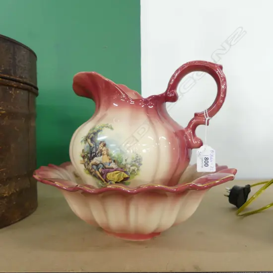 KH POTTERY (ENGLAND) PINK RIMMED BATHROOM JUG & WATER BASIN ((325 X 270MM