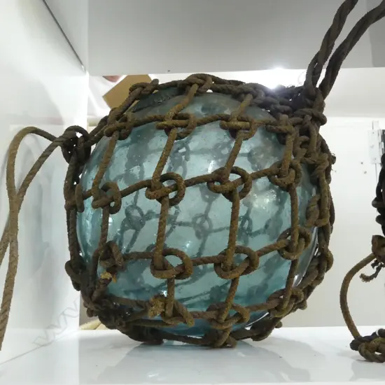 OLD GLASS FISHING FLOAT WITH BROWN NETTING DIA APPROX 260MM