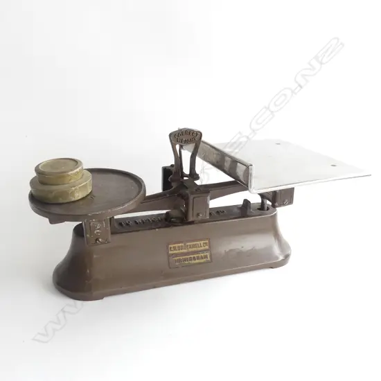 OLD ENGLISH SCALES WITH STAINLESS STEEL PLATE (L 360MM) + 2 BRASS WEIGHTS 
