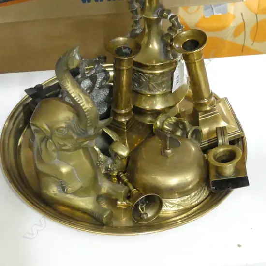 BRASS COLLECTABLES- TRAY/ELEPHANT/BELL/VASE/ETC;