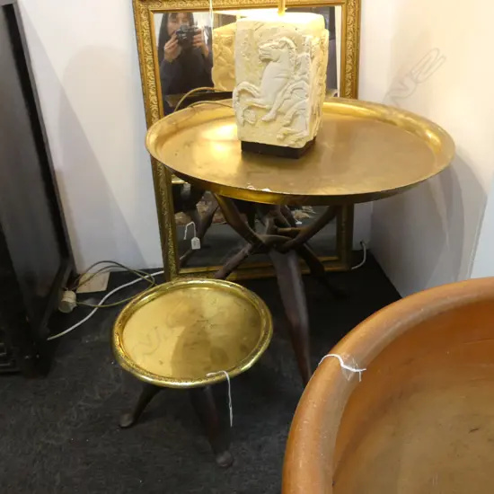 2 ORIENTAL BRASS TRAY TABLES 620 & 320mm dia