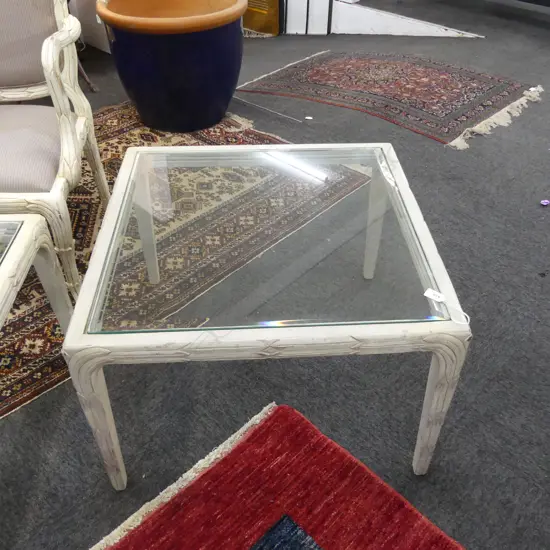 WHITE PAINTED SQUARE GLASS TOP SIDE TABLE 690x690x460mm