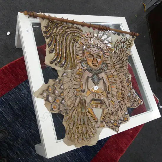 BRUCE PAPAS 'MASKED DANCER FROM TLATELOLCO' TILE & LEATHER HIDE WALL HANGING 950x900mm AF