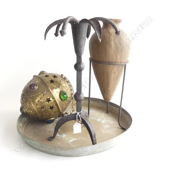 VINTAGE MOROCCAN LANTERN H.200mm, IRON CANDLE HOLDER, COPPER TRAY 400mm dia...