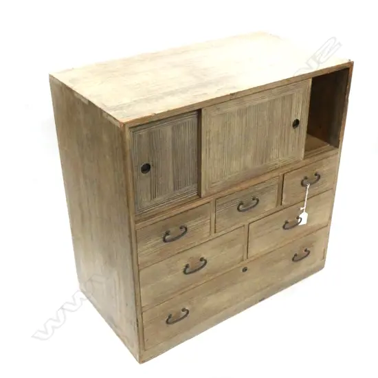 JAPANESE TANSU WOODEN CHEST - 6 DRAWER / 2 CUPBOARD 600 X 330 X 600MM