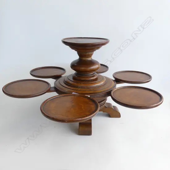 UNUSUAL TURNED OAK 'LAZY SUSAN' C. 1930s 6 CIRCULAR PLATEAU ENCOMPASSING CENTRAL COLUMN WITH PEDASTAL  H. 320mm x 600mm