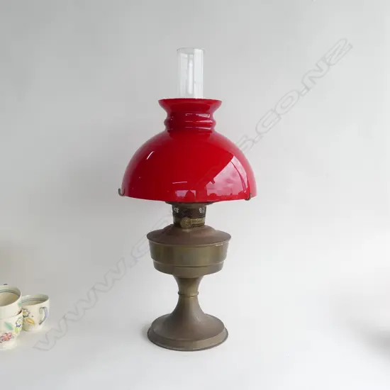 ALLADIN NO.3 BRASS & RED GLASS KEROSENE LAMP H. 560MM