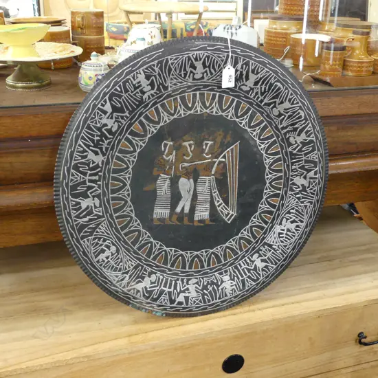 EGYPTIAN SILVER & COPPER INLAID CHARGER FEAT. 3 WOMEN DIA 500MM