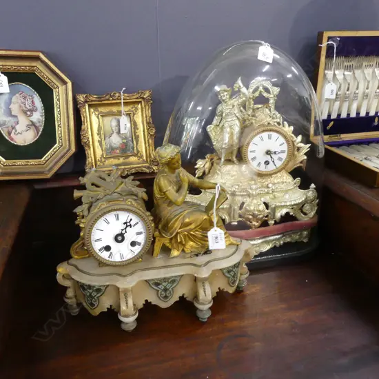 2 FRENCH MANTEL CLOCKS (AS IS, NO MOVEMENTS) ONE w GLASS DOME