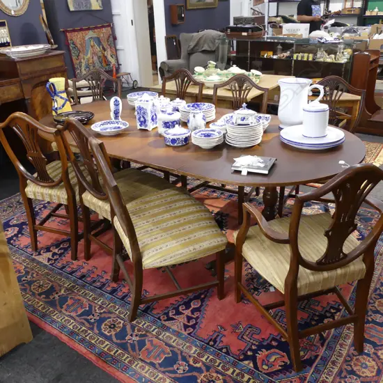 MAHOGANY TWIN PEDESTAL EXTENSION DINING TABLE w. 8 SHIELD BACK CHAIRS...