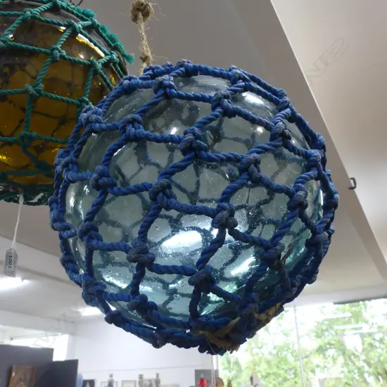 OLD JAPANESE HOKKAIDO GLASS BUOY W NETTING Dia.330mm