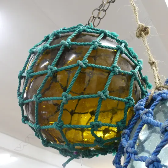 OLD JAPANESE HOKKAIDO GLASS BUOY W NETTING Dia.340mm