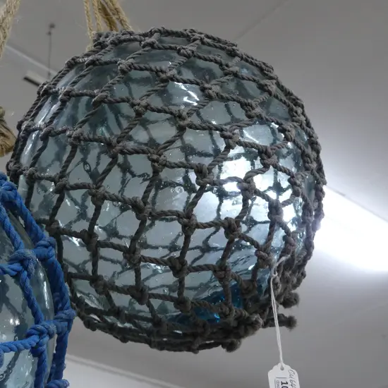 OLD JAPANESE HOKKAIDO GLASS BUOY W NETTING Dia.320mm