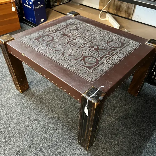 1970'S DESIGNER LEATHER TOOLED TOP COFFEE TABLE