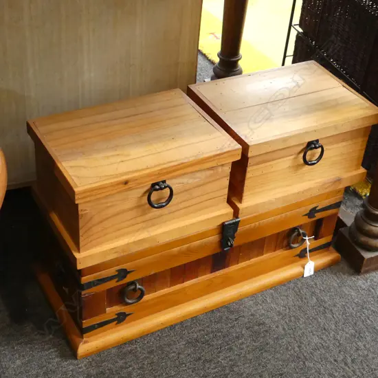 THREE WOODEN KEEPSAKE BOXES 260MM-600MML