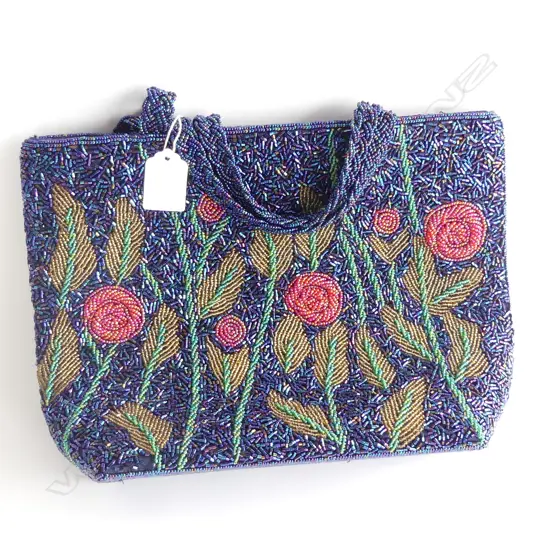 BLUE BEADED BAG w. FLORAL DESIGN W.290mm