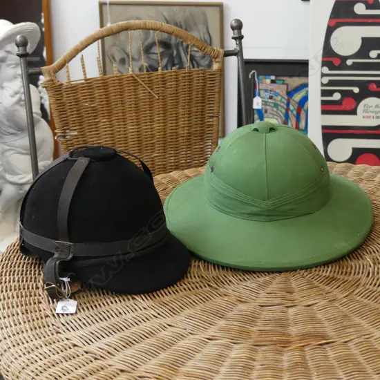 OLD GREEN PITH HAT & CHEVALIER RIDING HELMET