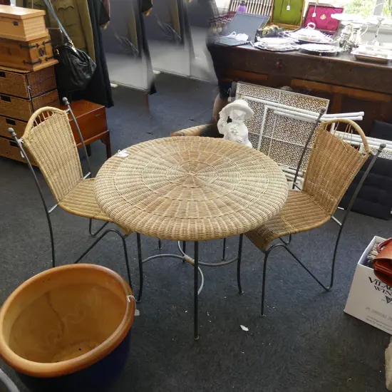 ROUND CANE PATIO TABLE (DIA 820MM) WITH 2 CHAIRS (SOME DAMAGE TO BACK OF ONE)