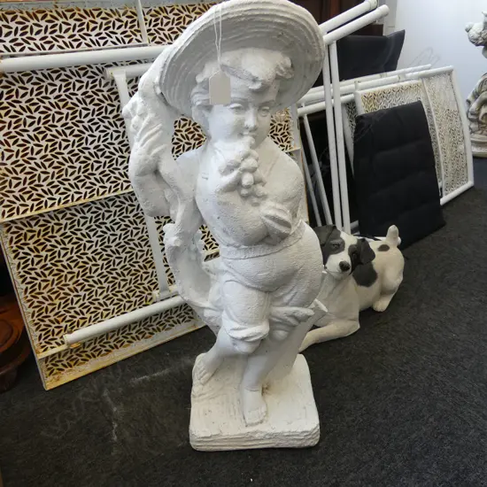 WHITE CONCRETE BOY WITH HAT GARDEN ORNAMENT H 680MM