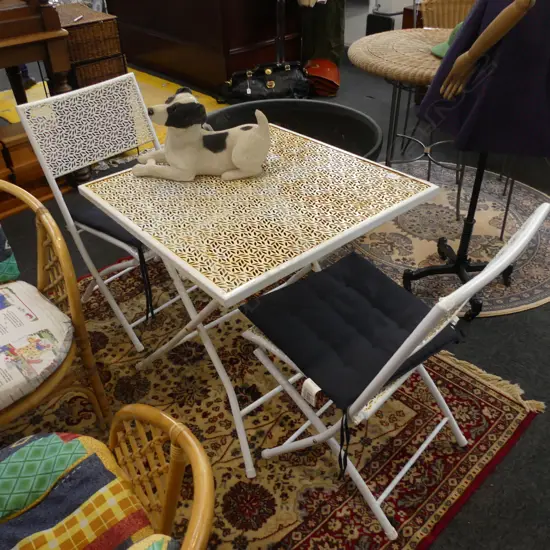 WHITE PAINTED METAL FOLDING TABLE WITH 2 FOLDING CHAIRS - SOME SURFACE RUST
