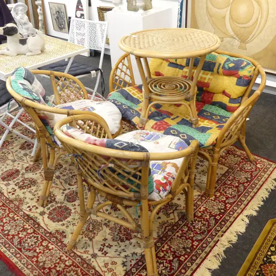 4 PC CANE CONSERVATORY SET; TABLE, 2 SEATER COUCH & 2 CHAIRS