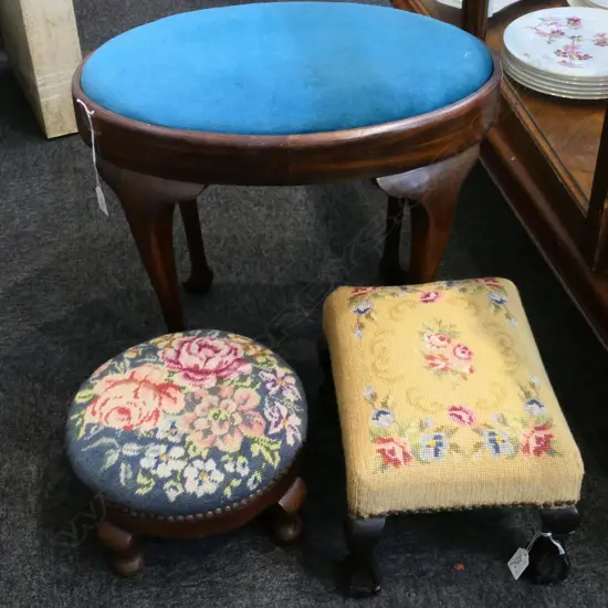 VINTAGE PIANO STOOL PLUS 2 EMBROIDERED FOOT STOOLS