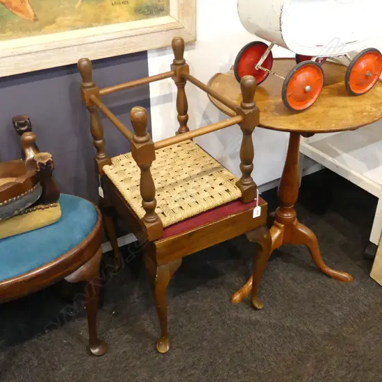 2 STOOLS; QUEEN ANNE STYLE + WOVEN CANE STOOL