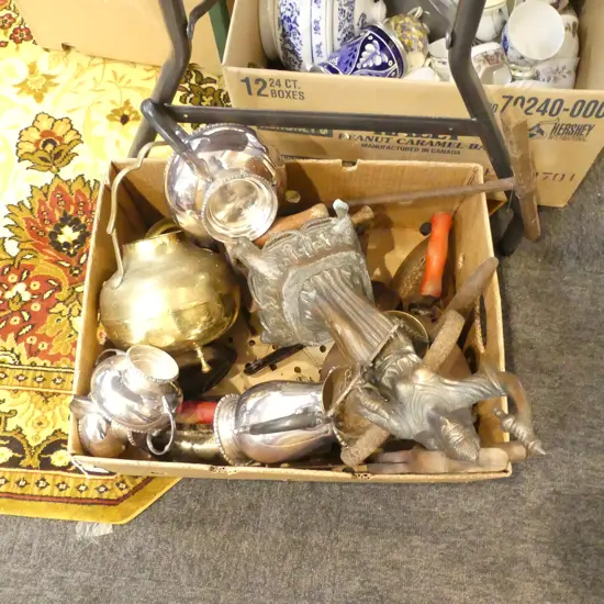 BOX LOT ASST. ANTIQUE IRONS, KETTLES, JUSTICE FIGURE ETC