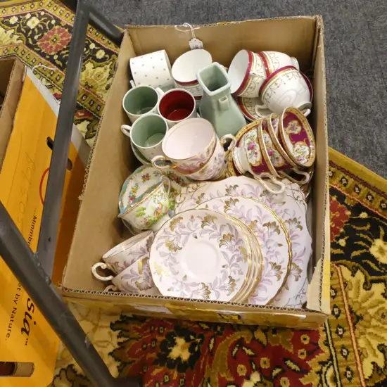 BOX LOT ASST CHINA INCL ROYAL ALBERT, TUSCAN & SUSIE COOPER PART TEA SETS ETC..