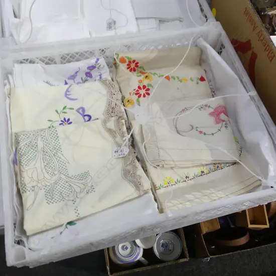 13 HAND EMBROIDERED TABLECLOTHS, VARIOUS SIZES