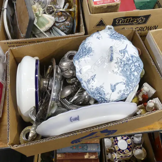 BOX LOT ASST. EP CUTLERY, TUREENS ETC 