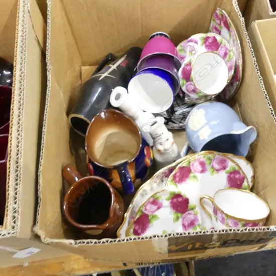 BOX ASST CHINA & PORCELAIN INCL ROYAL ALBERT STH PACIFIC TRIOS, PIE FUNNELS ETC.