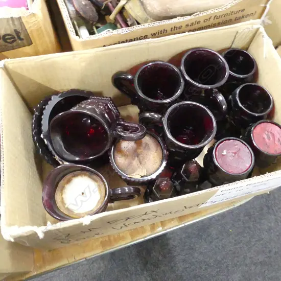BOX ASST VINTAGE RUBY CUT GLASS; BOWLS, S&P, WINE ETC..