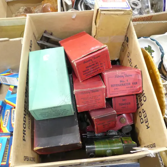 BOX ASST HORNBY TRAIN WAGONS ETC.. MOST IN ORIGINAL BOXES + LOOSE TRACKS