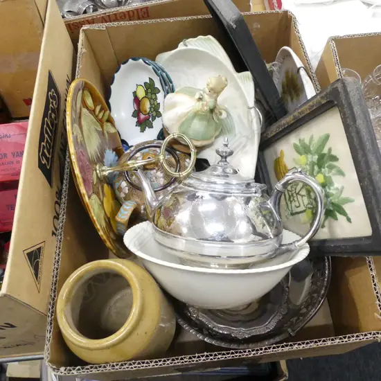 BOX LOT ASST. CHINA; SARREGUEMINES PLATE, ETC