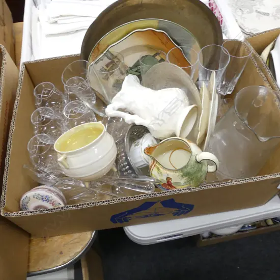 BOX LOT ASST. CRYSTAL + ROYAL DOULTON, BELLEEK ETC