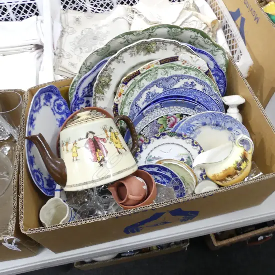 BOX LOT ASST. CHINA; WEDGWOOD, PLATES ETC