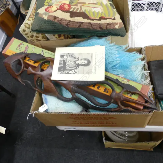 BOX LOT QUILT, MOHAIR BLANKET, 'CRICKET' GAME, 2 AFRICAN WOODEN CARVINGS