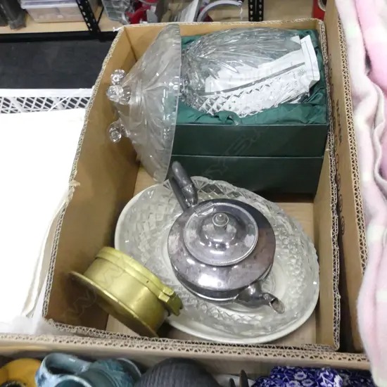 BOX LOT CRYSTAL, CLOCK, DENBY DISH ETC