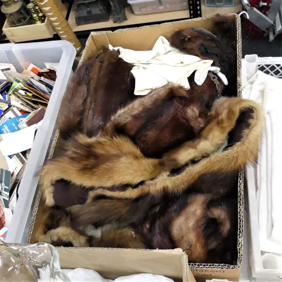 BOX LOT ASST. VINTAGE FURS; STOLES, HATS ETC